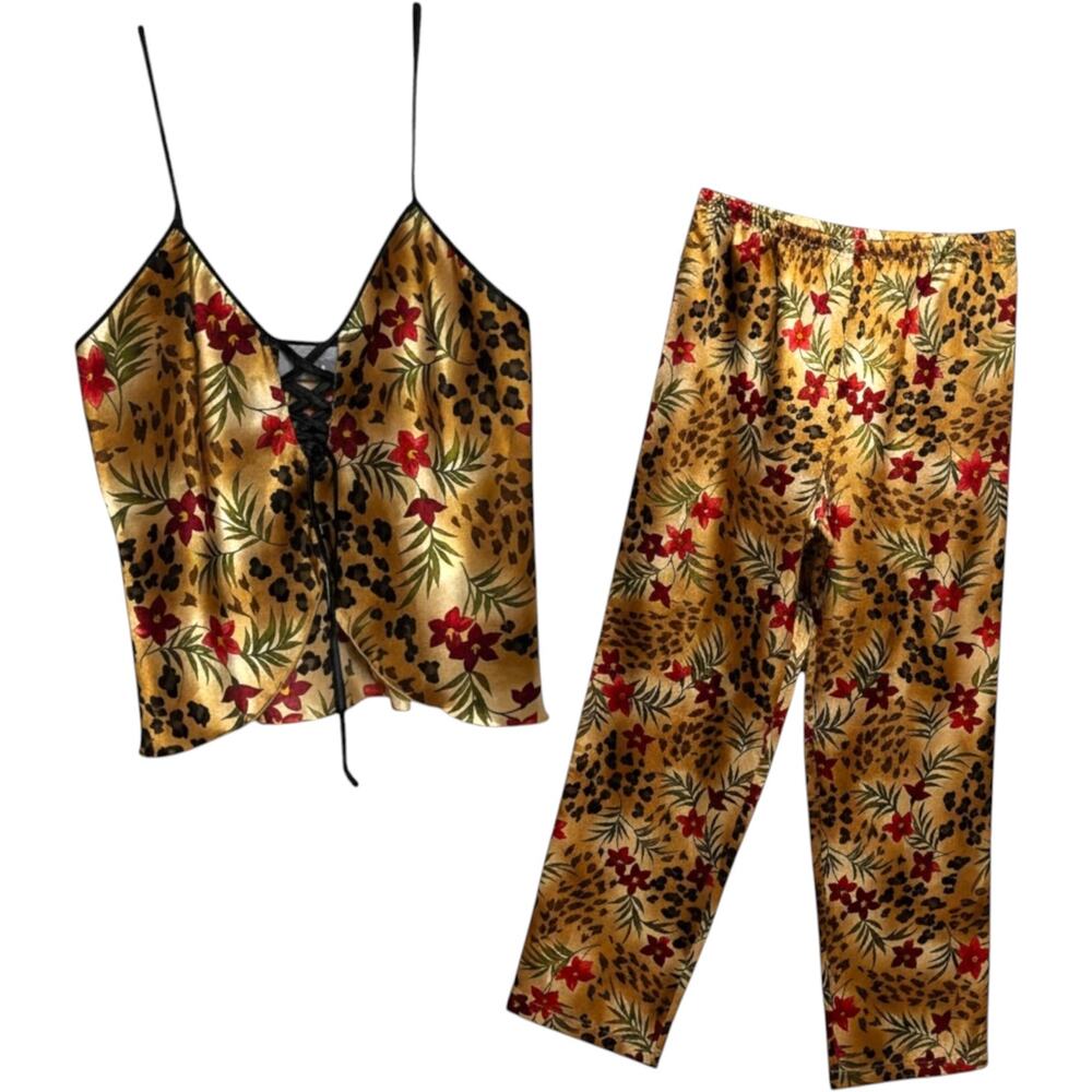 Jaclyn Smith Satin Pajama Lounge Set Animal Print Floral Small